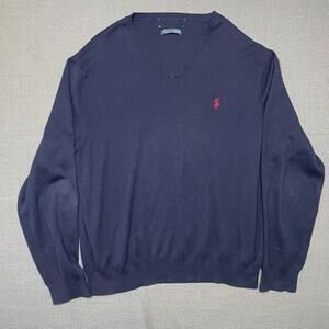Polo Ralph Lauren Sweater Mens XL Navy Pima Cotton V-Neck Long Sleeve Red Pony
